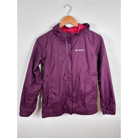 Columbia Rain Jacket Hooded Lightweight Omni-Tech Plum Purple Youth Size L 14/16 - Picture 1 of 12